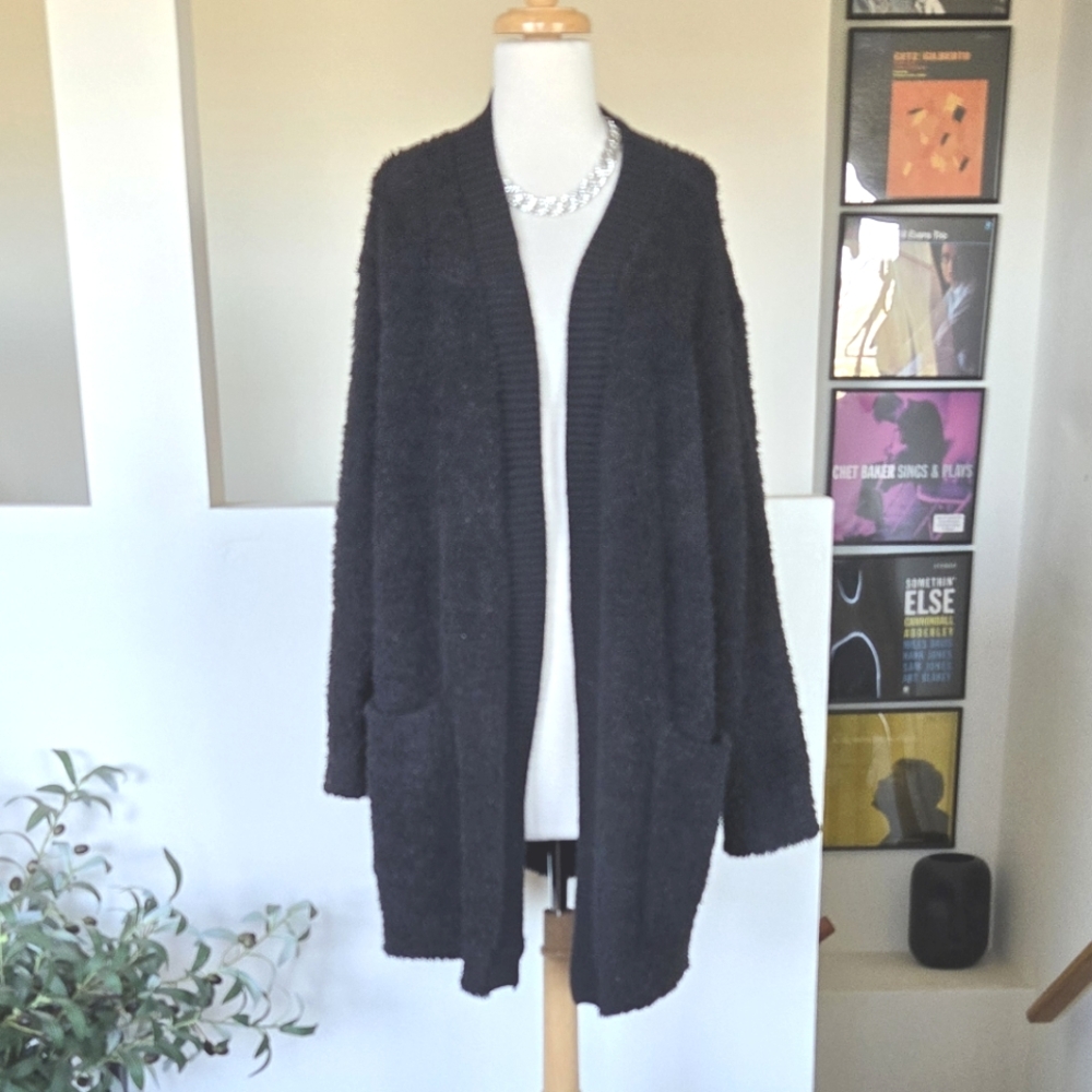 BAREFOOT DREAMS Cozy Chic Ribbed Knit Trim Cardigan Sweater Coat Black 1X - Picture 3 of 12